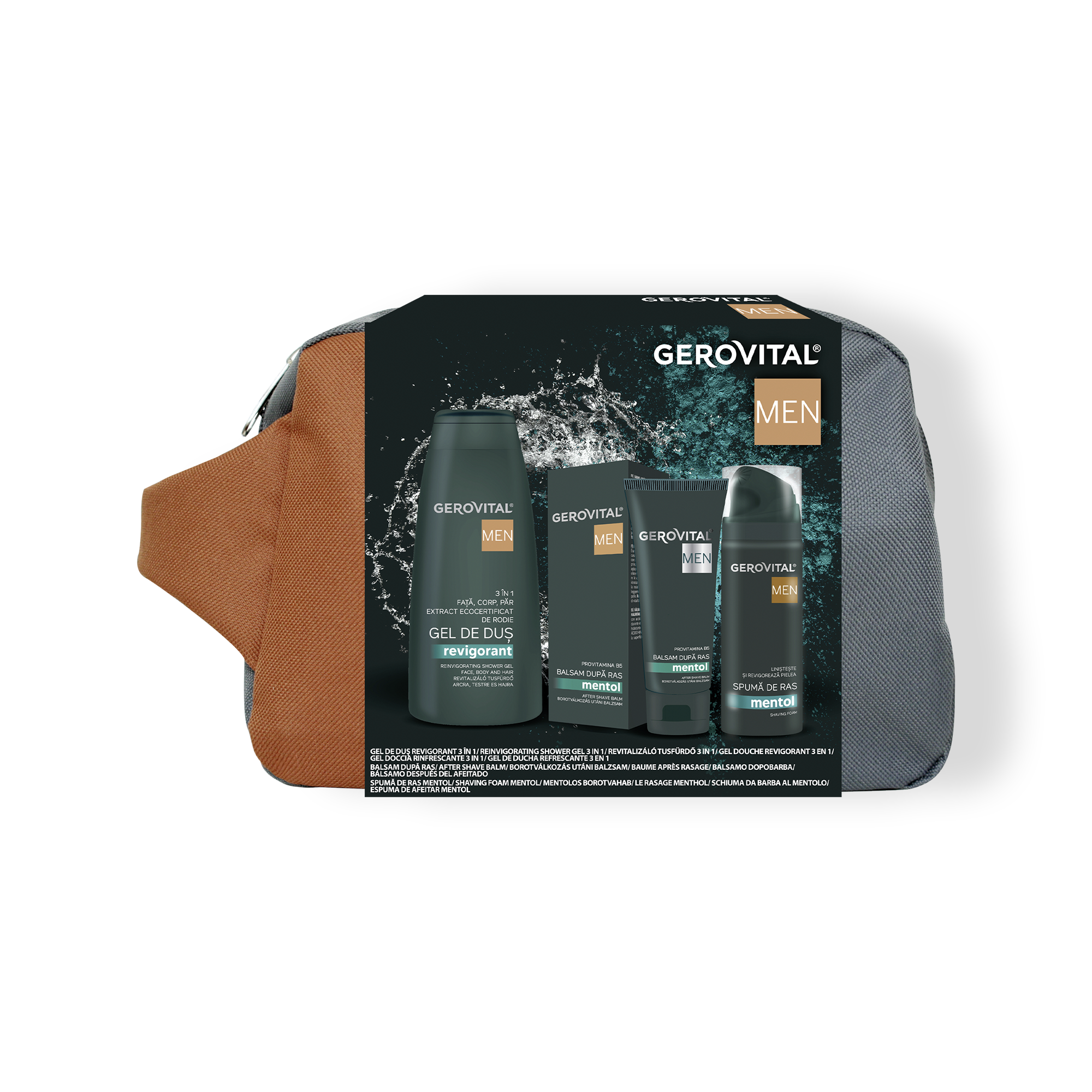 Set Cadou Bărbați Gerovital Men: Spumă de Ras, Balsam după Ras, Gel de Duș + Borsetă Cadou