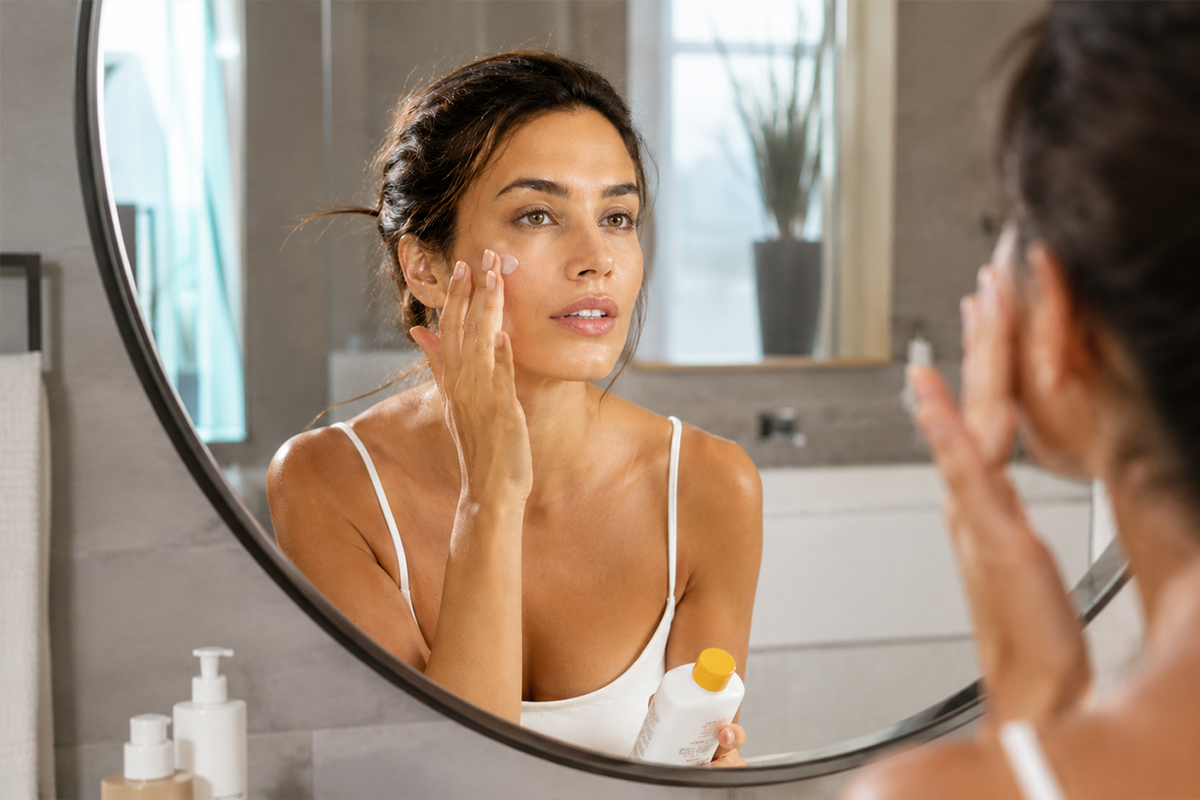 femeie care aplica spf 50 pe ten in oglinda