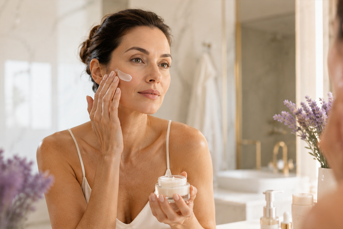 femeie de 40 de ani aplica crema cu retinol pe fata